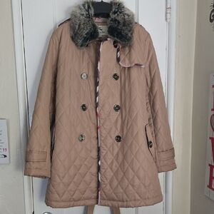 Burberry Tan Quilted Trench Coat with Faux Fur Collar